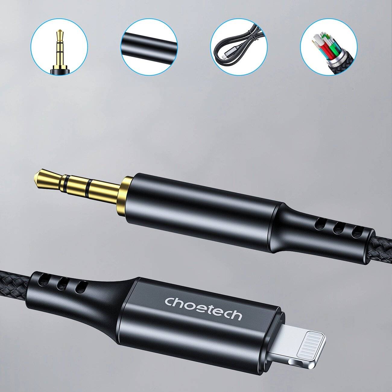 Choetech Lightning auf 3,5-mm-Klinken-Audiokabel, 2 m, geflochten, Schwarz