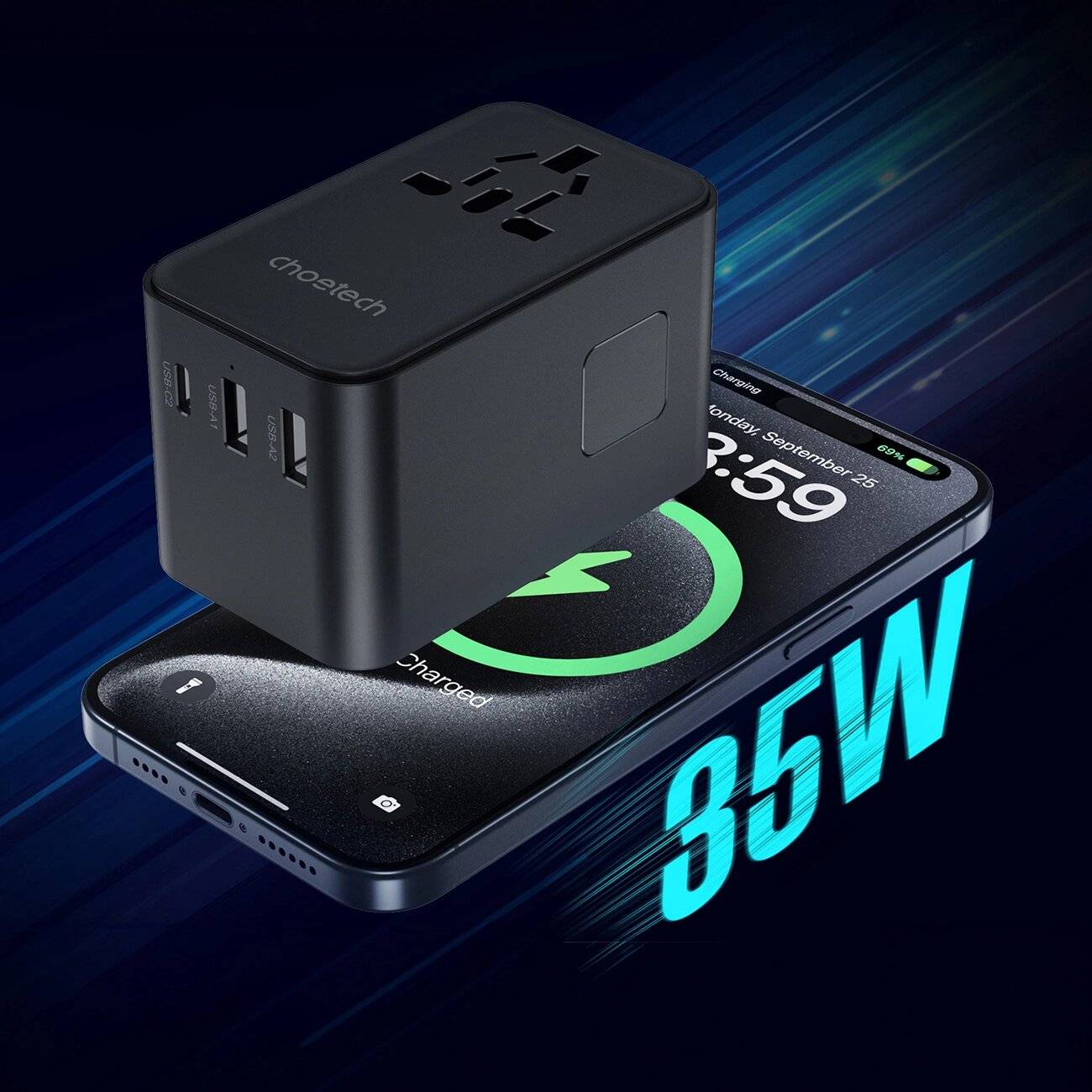 Choetech PD5020 35W EU/US/AUS/UK Reiseadapter integriertem USB-C-Kabel – Schwarz