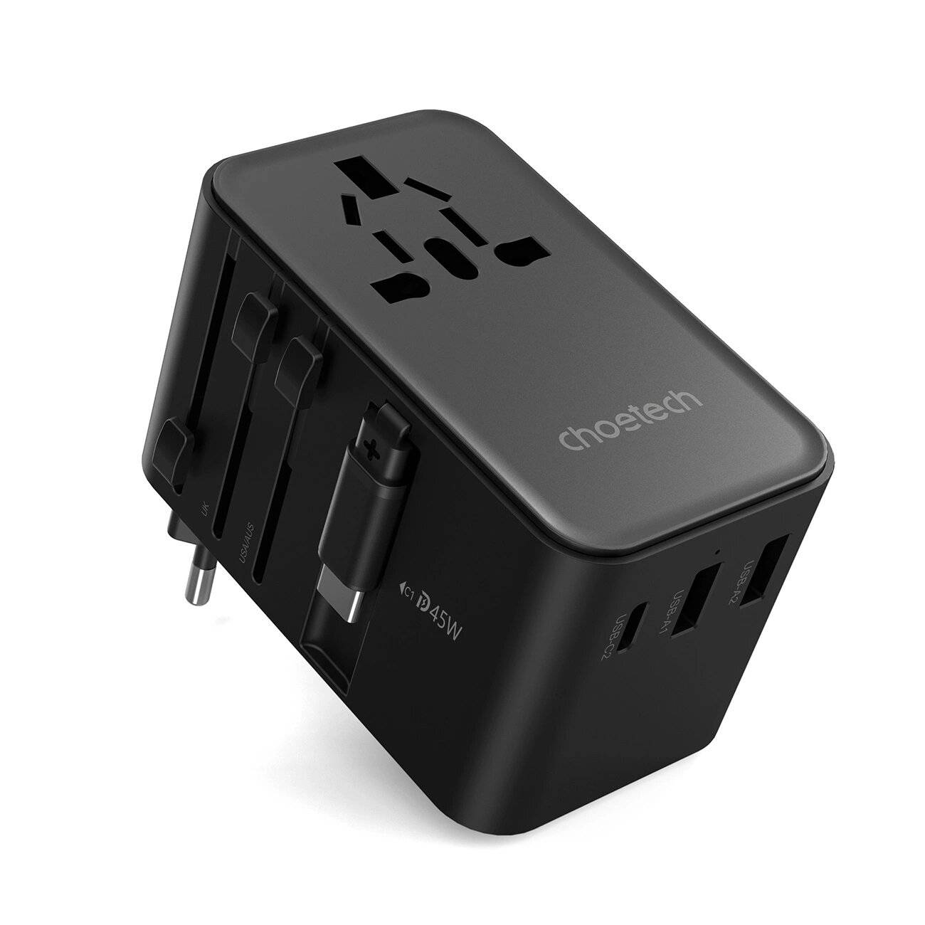 Choetech PD5021 45W EU/US/AUS/UK Reiseadapter integriertem USB-C-Kabel – Schwarz