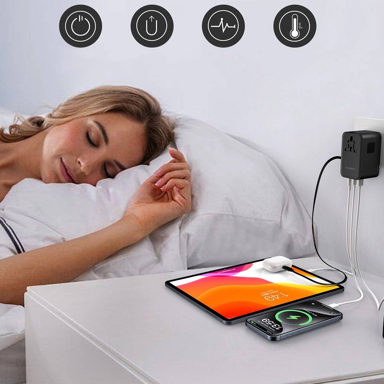 Choetech PD5021 45W EU/US/AUS/UK Reiseadapter integriertem USB-C-Kabel – Schwarz