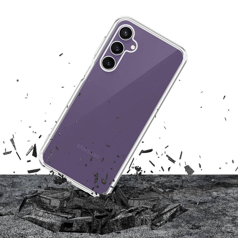 Ein Smartphone mit violettem Rücken und drei rückwärtigen Kameras ist in einem transparenten Gehäuse eingefasst und schwebt über einer gerissenen Betonfläche.