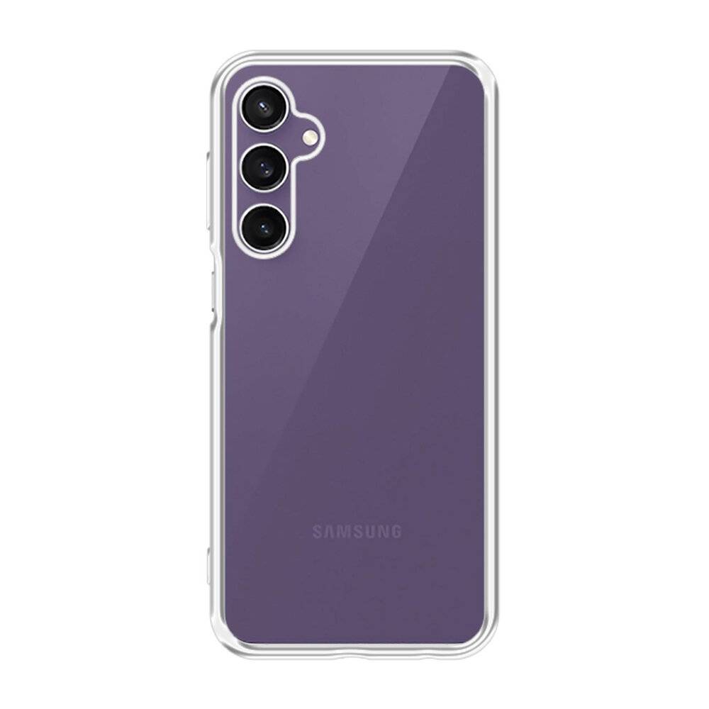 Ein violettes Smartphone mit einer transparenten Schutzhülle, das auf der linken Seite drei vertikal angeordnete Rückkameras hat.