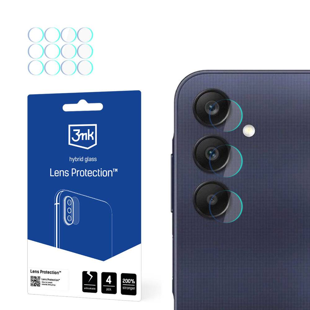 3mk Lens Protection' Verpackung neben einem Smartphone mit Triple-Kamera. Oben links werden Objektivschutzfolien gezeigt. Der Text hebt den starken Schutz hervor.