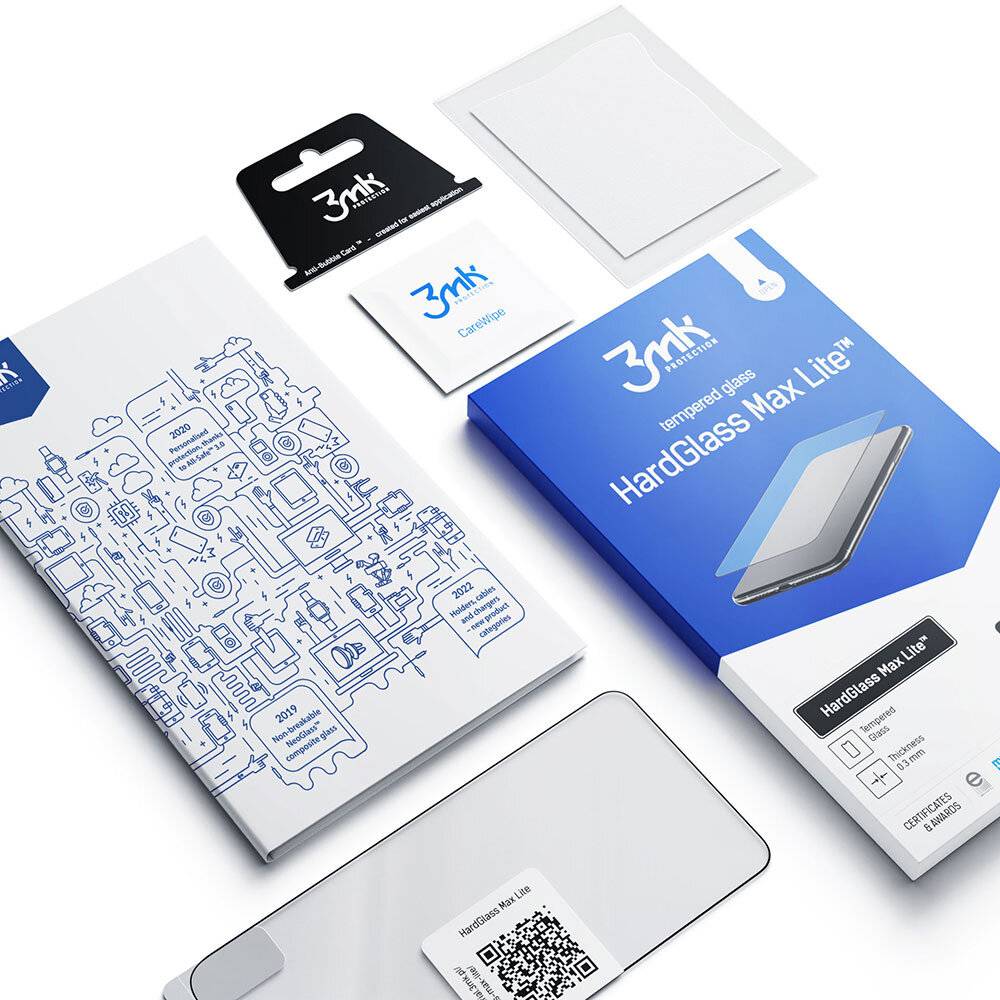 Ein Bildschirmschutzfolien-Paket für Smartphones mit der Bezeichnung '3mk FlexibleGlass Max Lite' mit städtischen Illustrationen und einem Anwendungstuch.