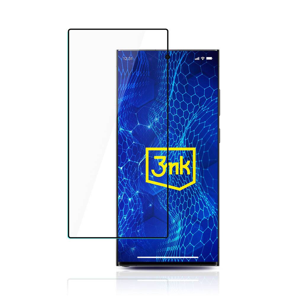 Ein Smartphone-Display zeigt ein blaues sechseckiges Muster mit einem gelben „3mk