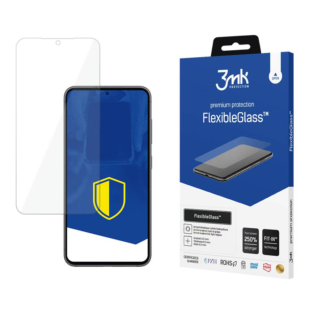 Telefonverpackung mit Displayschutzfolie. Die Telefonanzeige zeigt ein Schildsymbol. Die Verpackung hebt „FlexibleGlass