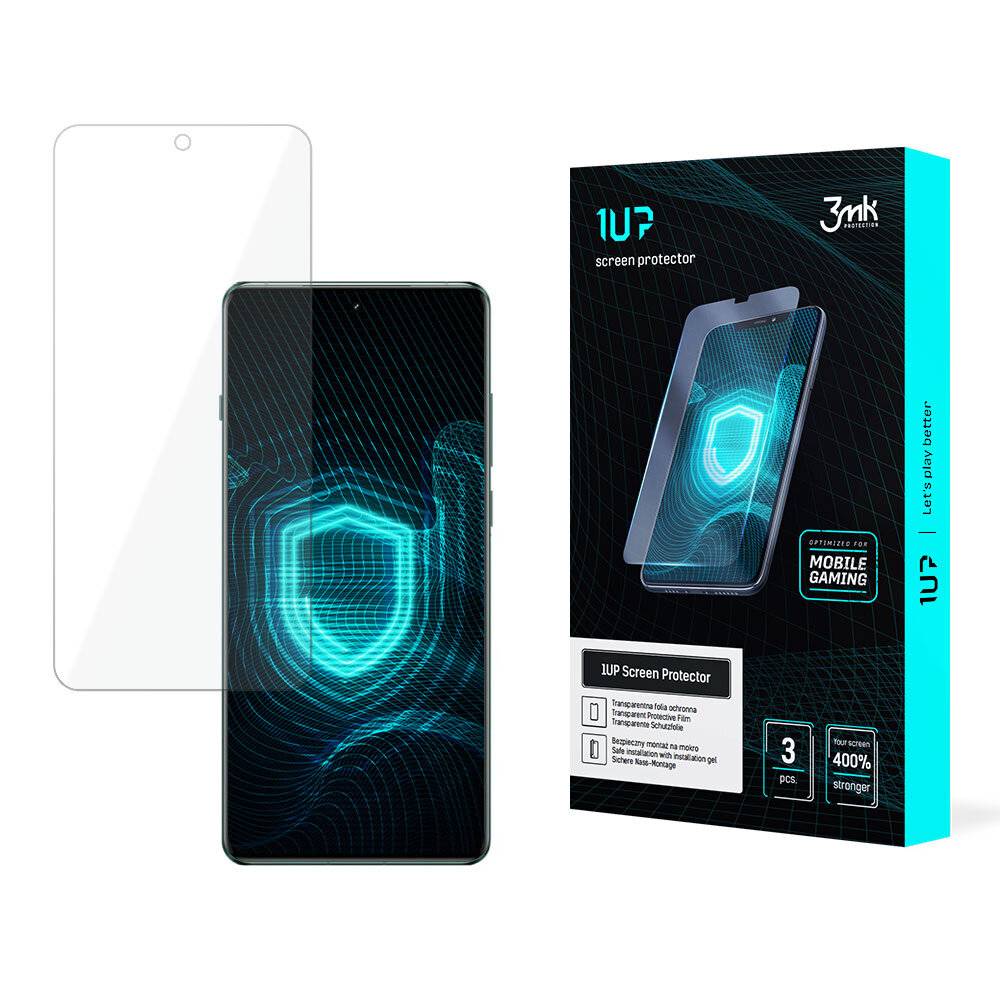 Smartphone mit einem digitalen Schutzschild auf dem Bildschirm, das einen transparenten Displayschutz darüber zeigt. Die Verpackung sagt „1UP Screen Protector, 3er Pack