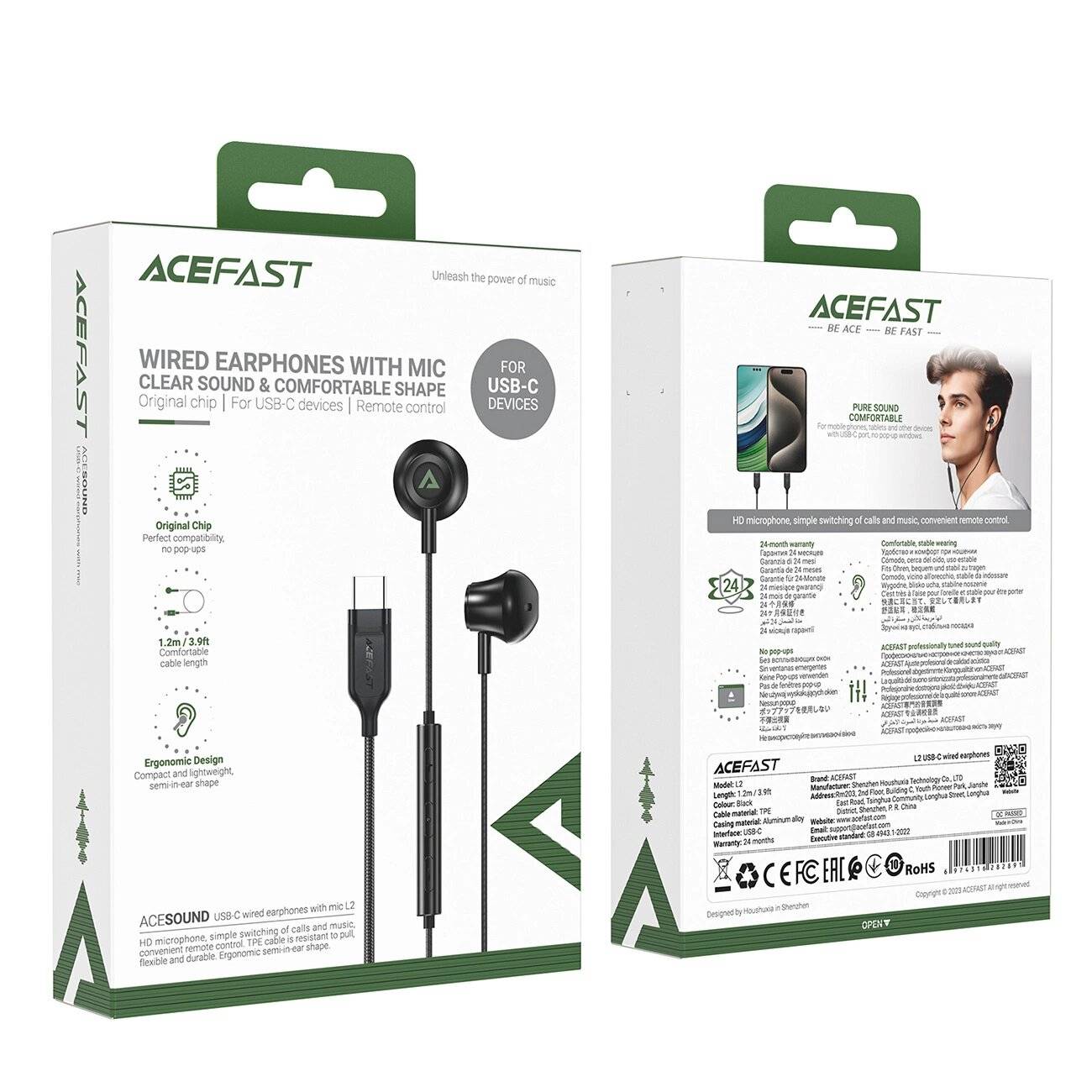 Acefast L2 In-Ear-Kopfhörer USB-C-Anschluss, Mikrofon Fernbedienung 1,2 m – Schwarz
