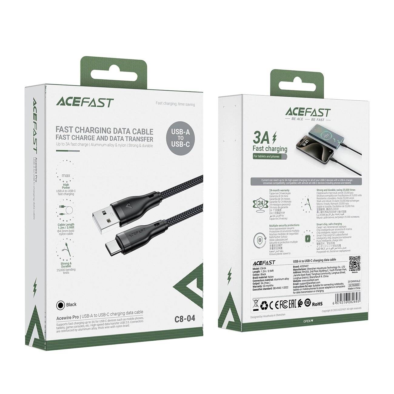 Acefast C8-04 USB-A / USB-C 3A 1.2m Kabel - schwarz