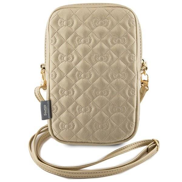 Eine beige gesteppte Umhängetasche für das Telefon mit goldenen Akzenten und langem Riemen, entworfen zum Transportieren von kleinen Gegenständen.