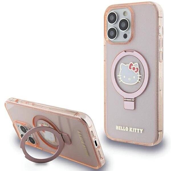 Hello Kitty Ringständer Glitzer Electrop Logo MagSafe Hülle iPhone 15 Pro Max – Pink