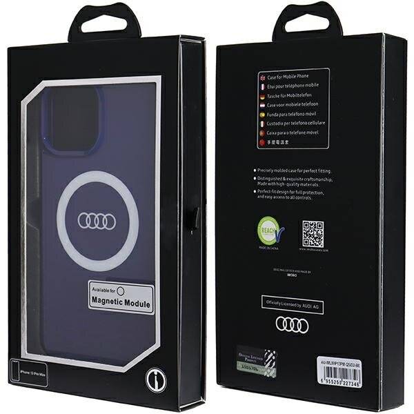 Zwei schwarze Boxen zeigen ein Handyhülle mit einem kreisförmigen Magnetmodul und Audi-Logo. Rechte Box listet Details auf: Funktionen, Hersteller.