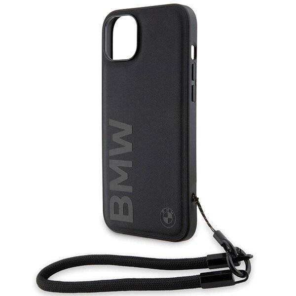 BMW Signature Leder-Wordmark-Cord-Hülle iPhone 15 Plus / 14 – Schwarz