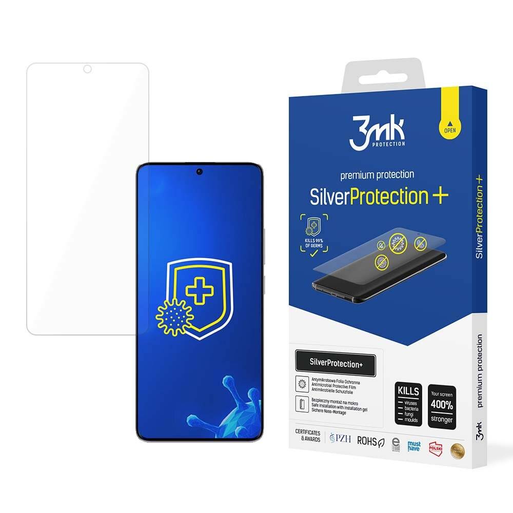 3mk SilverProtection+ Displayschutzfolie Verpackung mit antibakterieller Funktion, passt auf elektronische Geräte, unterstreicht Premium-Qualität und Schutz.