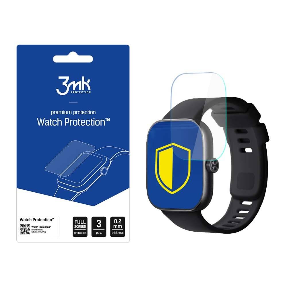 3mk Protection Watch Protection' Verpackung neben einer Smartwatch mit blauem Bildschirm und gelbem Schild. Displayschutzfolie teilweise angebracht.