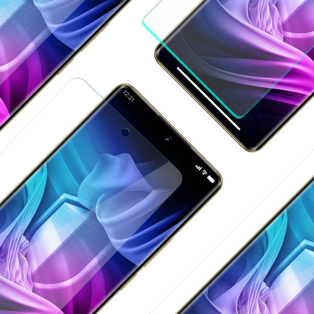 Schwebende Smartphones mit abstrakten bunten Bildschirmen, diagonal angeordnet.