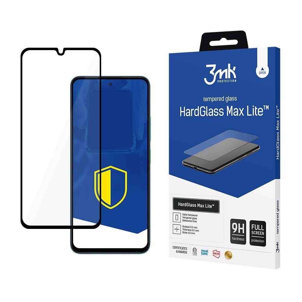 Ein Handybildschirm mit einem Schildsymbol befindet sich neben einer Box mit der Bezeichnung „3mk protection HardGlass Max Lite