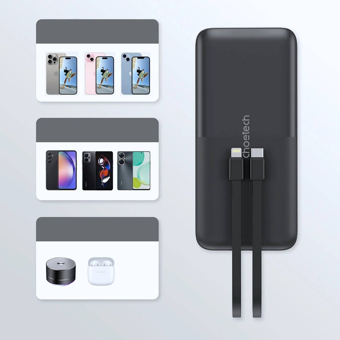 Choetech B654 Powerbank 10000 mAh 22.5W, integrierte USB-C & Lightning Kabel
