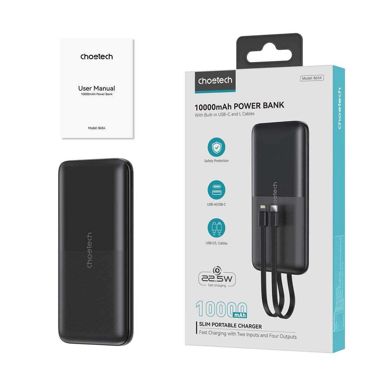 Choetech B654 Powerbank 10000 mAh 22.5W, integrierte USB-C & Lightning Kabel
