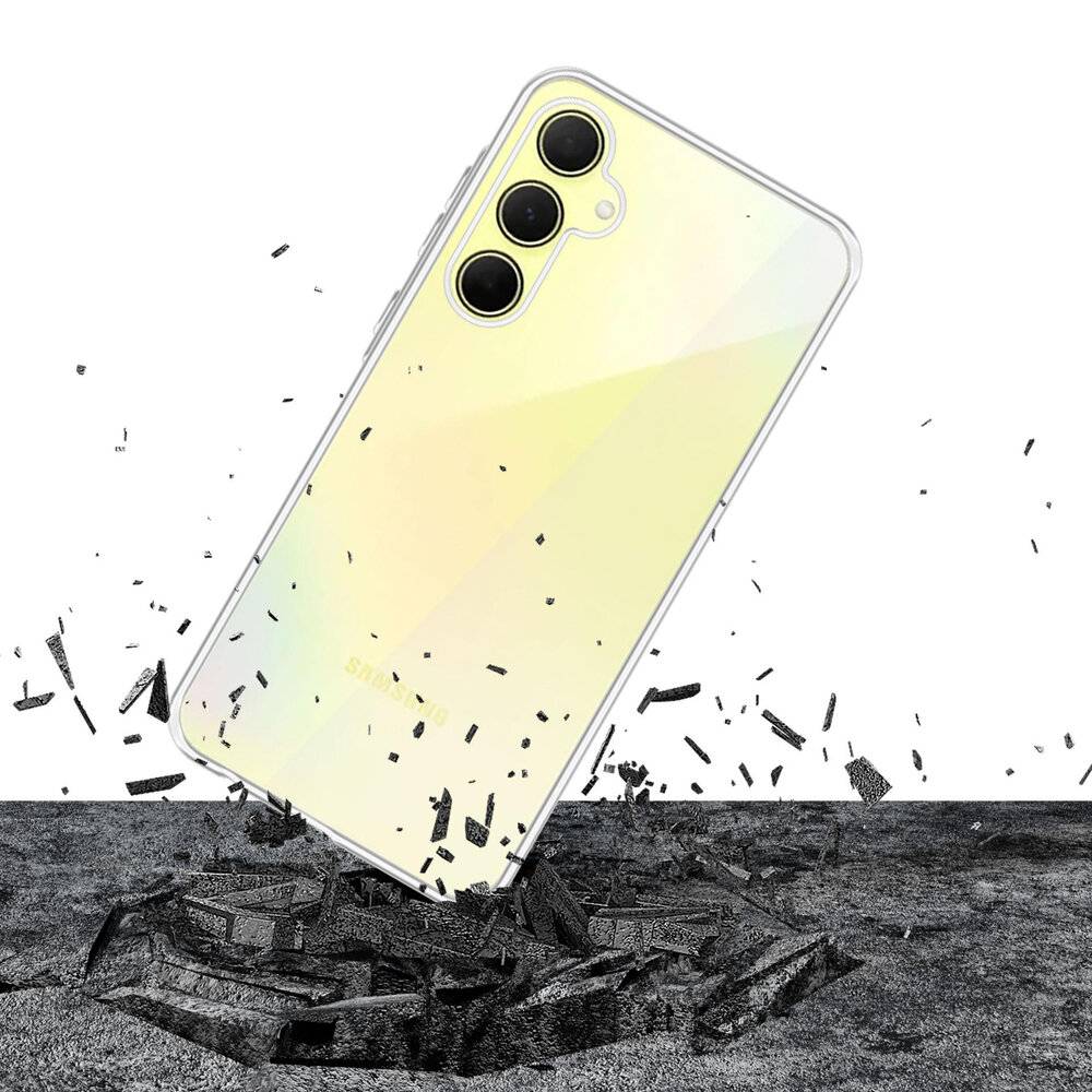 Ein Smartphone mit gelblichem Farbverlauf auf der Rückseite, das drei rückseitige Kameras aufweist, scheint über einer zersplitterten Betonoberfläche zu schweben.