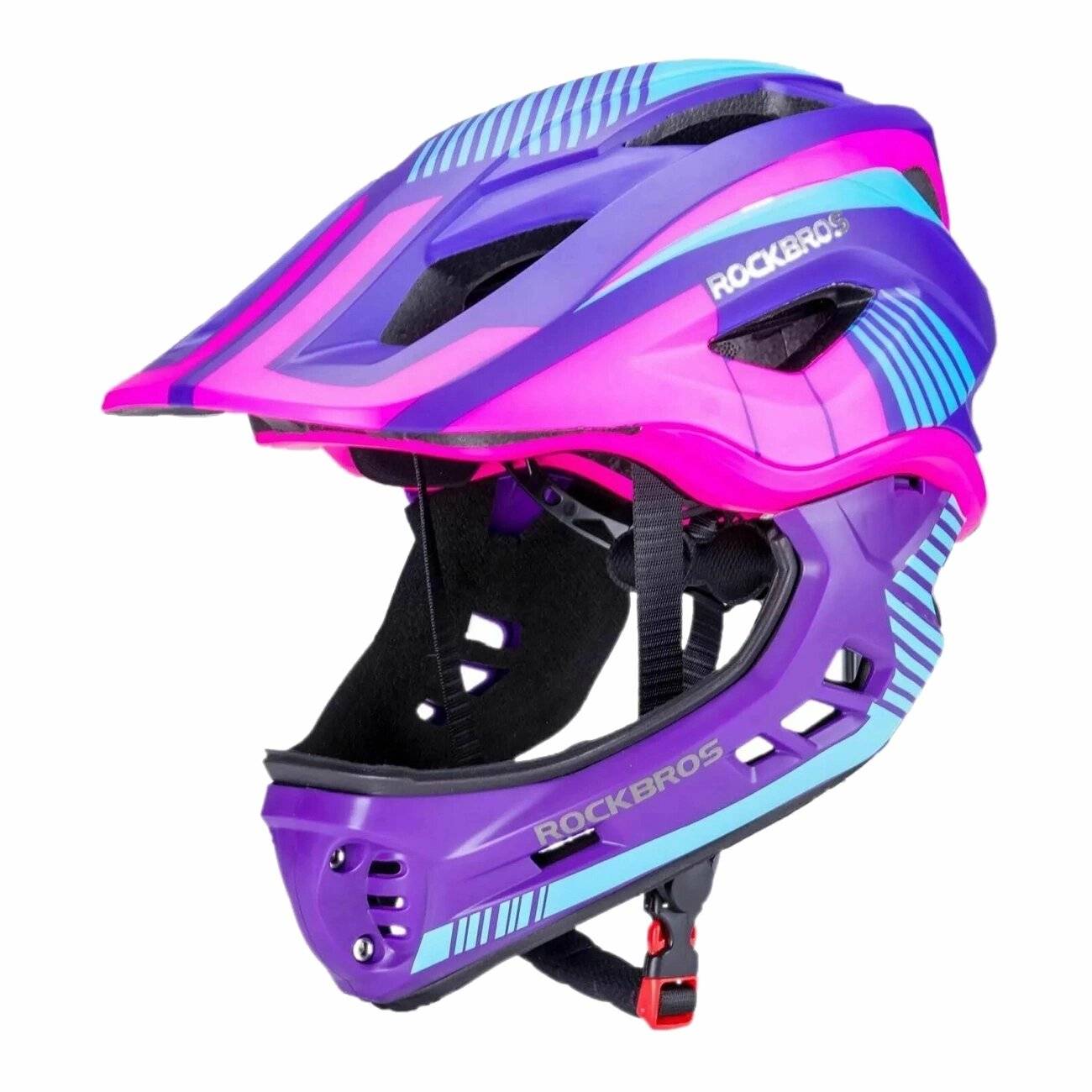 Rockbros TT-32SBPP-M Kinderfahrradhelm abnehmbarem Kinnbügel, Größe M – Lila-Pink