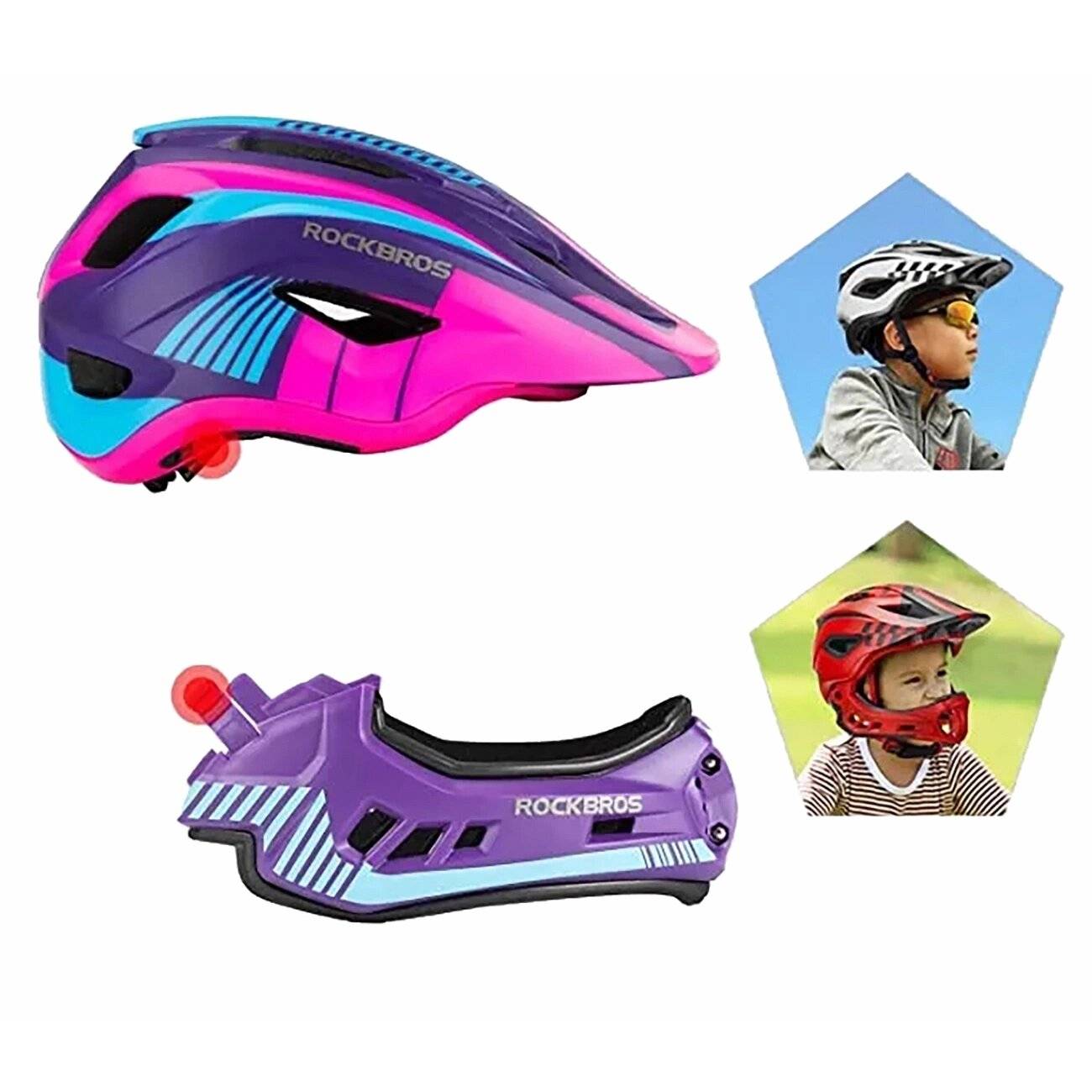 Rockbros TT-32SBPP-S Kinderfahrradhelm abnehmbarem Kinnbügel, Größe S – lila-rosa
