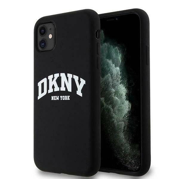 DKNY Liquid Silicone MagSafe Hülle iPhone 11/Xr, Weiß, aufgedrucktem Logo, Schwarz