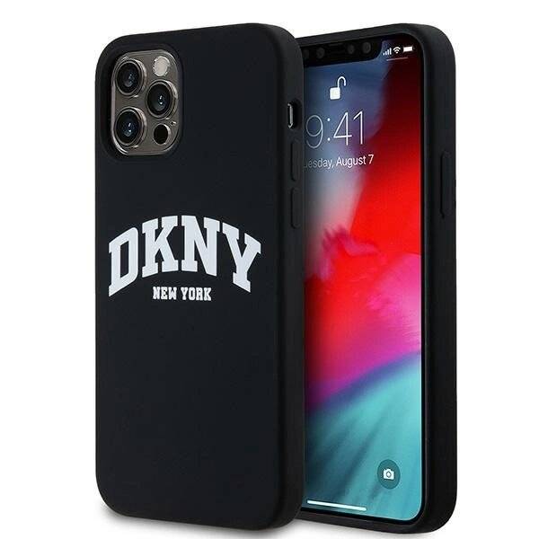 DKNY Flüssigsilikon-MagSafe-Hülle weißem bedrucktem Logo iPhone 12/12 Pro – Schwarz