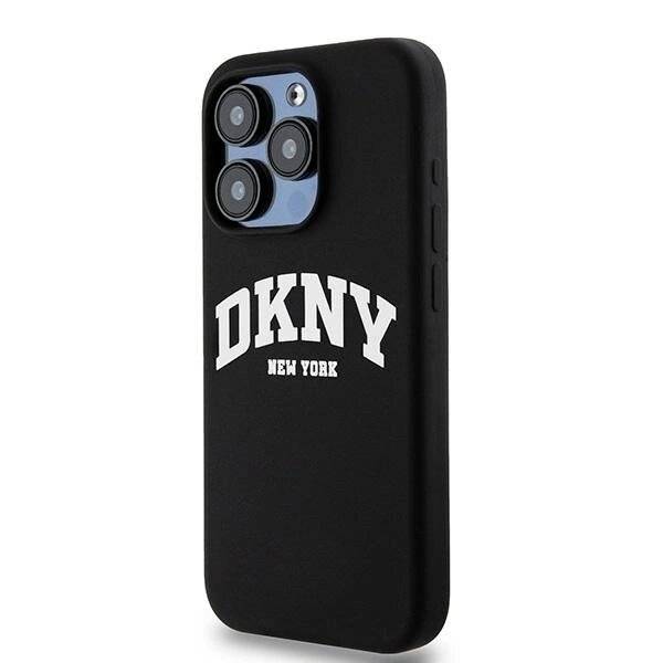 DKNY Liquid Silicone Weiß bedrucktes Logo MagSafe-Hülle iPhone 15 Pro – Schwarz