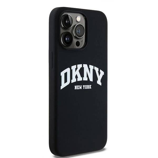 DKNY Liquid Silicone Weiß bedrucktes Logo MagSafe-Hülle iPhone 15 Pro Max – Schwarz