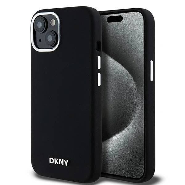 DKNY Flüssigsilikon-MagSafe-Hülle kleinem Metalllogo iPhone 15 Plus / 14 – Schwarz