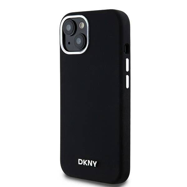 DKNY Flüssigsilikon-MagSafe-Hülle kleinem Metalllogo iPhone 15 Plus / 14 – Schwarz