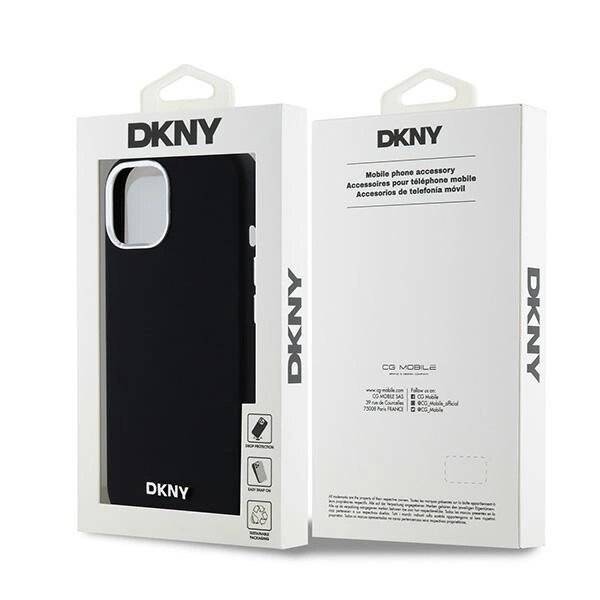 DKNY Flüssigsilikon-MagSafe-Hülle kleinem Metalllogo iPhone 15 Plus / 14 – Schwarz