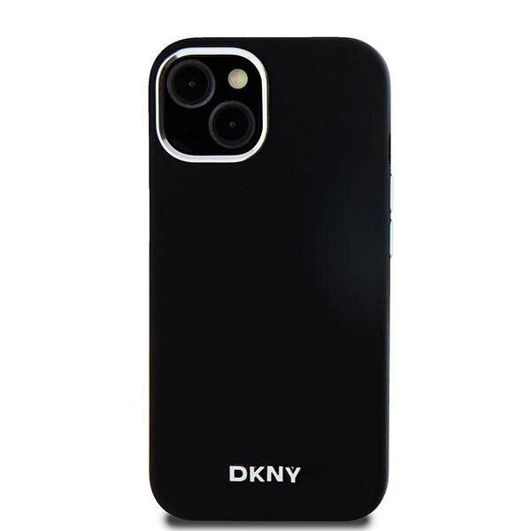 DKNY Flüssigsilikon-MagSafe-Hülle kleinem Metalllogo iPhone 15 Plus / 14 – Schwarz