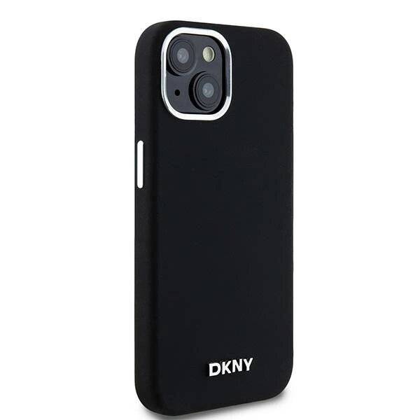 DKNY Flüssigsilikon-MagSafe-Hülle kleinem Metalllogo iPhone 15 Plus / 14 – Schwarz