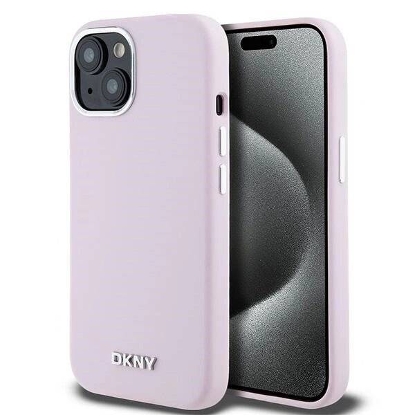 DKNY Flüssigsilikon-MagSafe-Hülle kleinem Metalllogo iPhone 15 Plus / 14 – Rosa