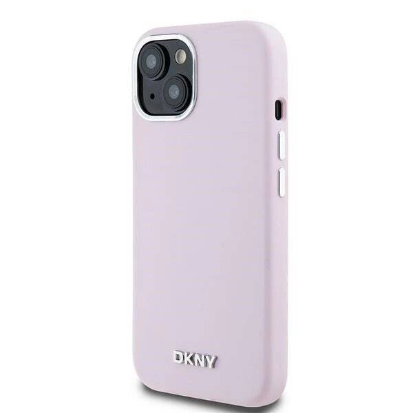 DKNY Flüssigsilikon-MagSafe-Hülle kleinem Metalllogo iPhone 15 Plus / 14 – Rosa