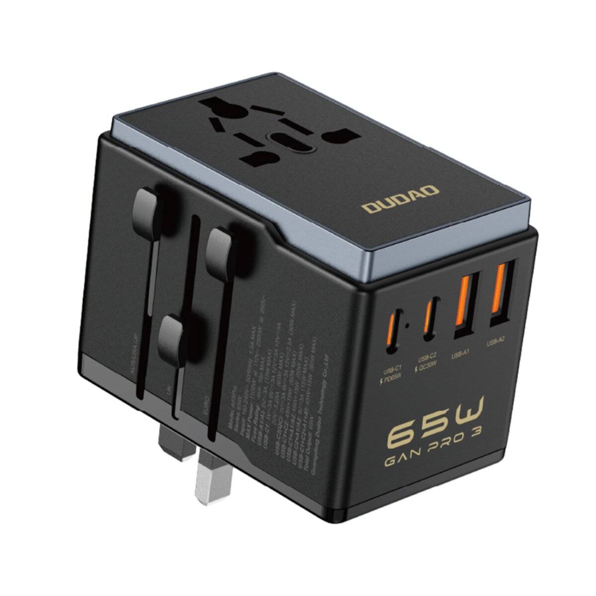 Dudao A65Pro Reiseadapter 65 W mit EU/US/JP/AUS/UK Steckern, 2x USB-C & 2x USB-A – Schwarz