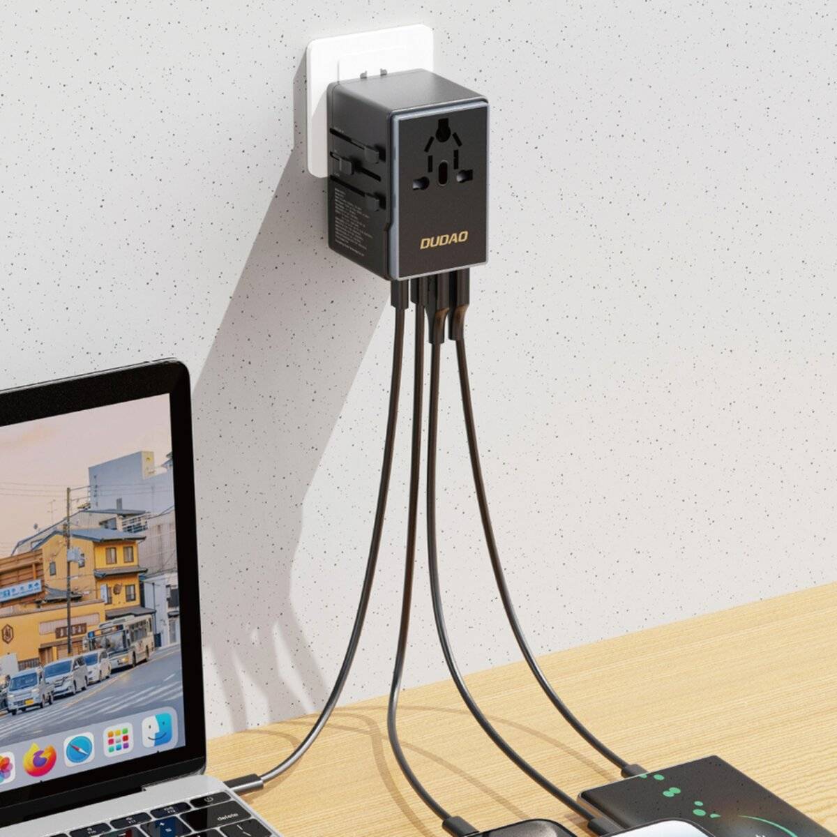 Dudao A65Pro Reiseadapter 65 W mit EU/US/JP/AUS/UK Steckern, 2x USB-C & 2x USB-A – Schwarz