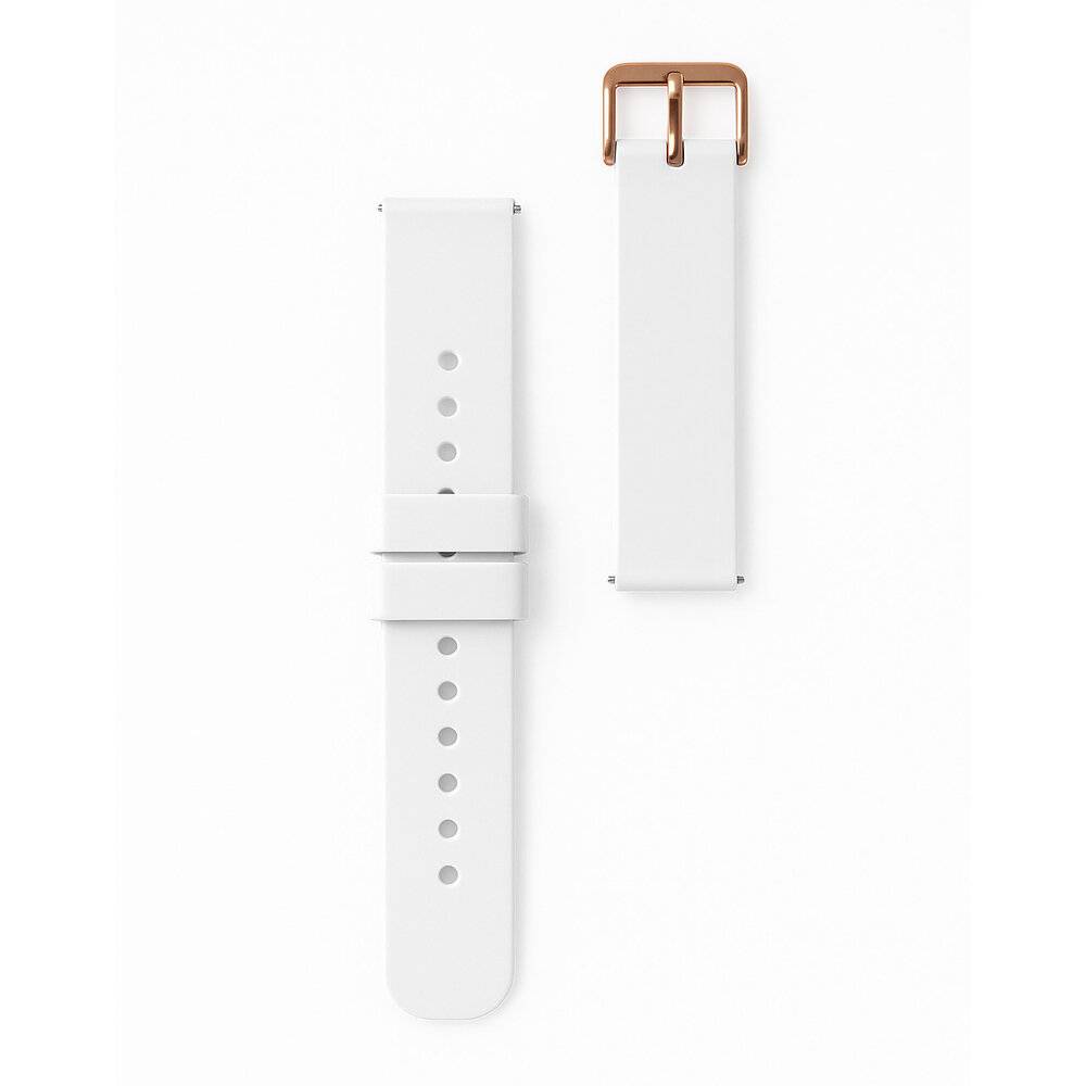 Zwei weiße Uhrenarmbänder, eines flach ausgelegt und zeigt Löcher zur Verstellung, das andere mit einer Roségold-Schnalle, vertikal vor weißem Hintergrund angeordnet.