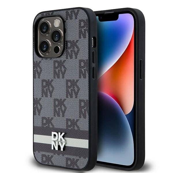 DKNY iPhone 14 Pro-Hülle Leder kariertem Monomuster bedruckten Streifen – Schwarz