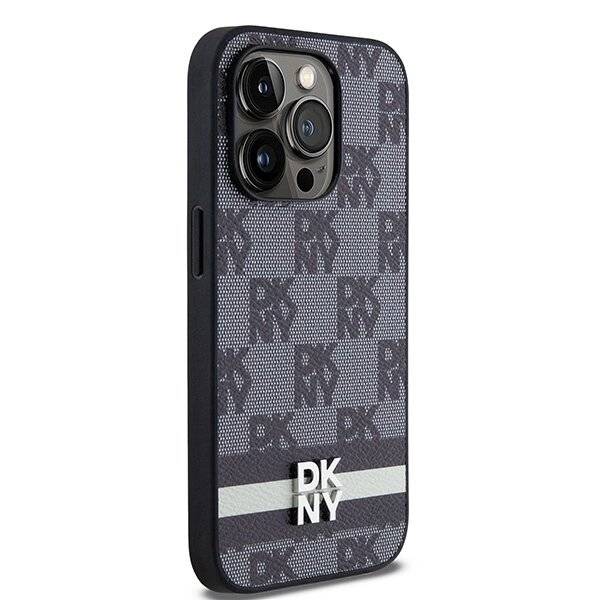 DKNY iPhone 14 Pro-Hülle Leder kariertem Monomuster bedruckten Streifen – Schwarz