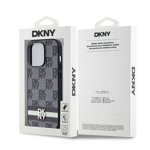 DKNY iPhone 14 Pro-Hülle Leder kariertem Monomuster bedruckten Streifen – Schwarz