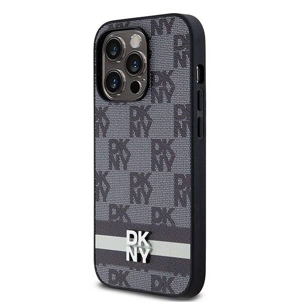 DKNY iPhone 14 Pro-Hülle Leder kariertem Monomuster bedruckten Streifen – Schwarz