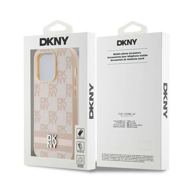 DKNY Lederhülle kariertem Monomuster bedruckten Streifen iPhone 14 Pro – Rosa
