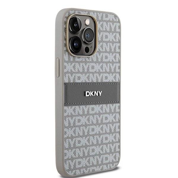 DKNY Lederhülle Monostreifen Metalllogo iPhone 14 Pro Max – Beige