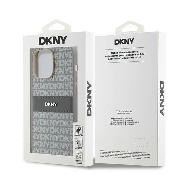 DKNY Leder-Monostreifen- Metall-Logo-Hülle iPhone 14 Pro – Beige