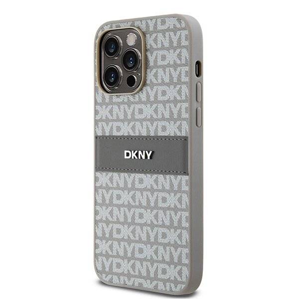 DKNY Leder-Monostreifen- Metall-Logo-Hülle iPhone 14 Pro – Beige