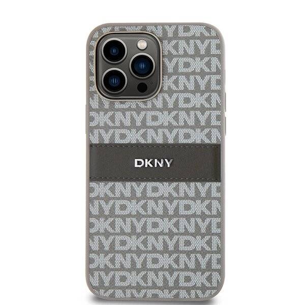 DKNY Lederhülle Monostreifen Metalllogo iPhone 14 Pro Max – Beige