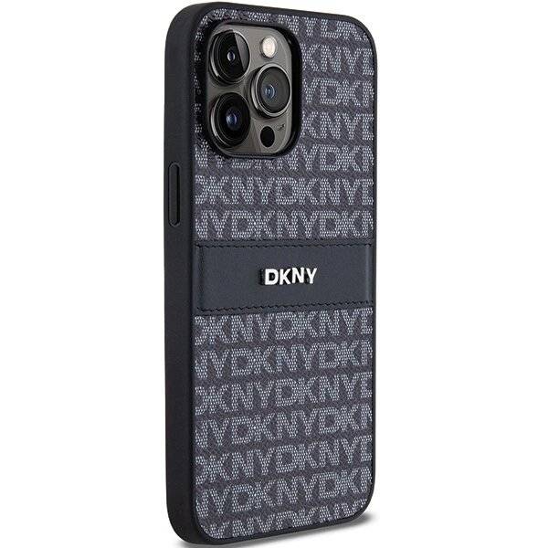 DKNY Lederhülle Monostreifen Metalllogo iPhone 14 Pro – Schwarz